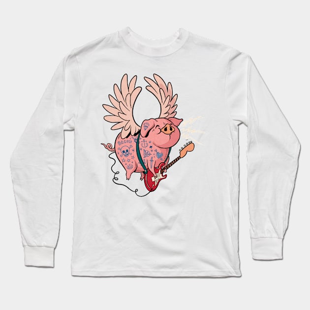 Pigs Rock! | Cute Tattoo Flying Pig playing guitar Long Sleeve T-Shirt by rudyfaber